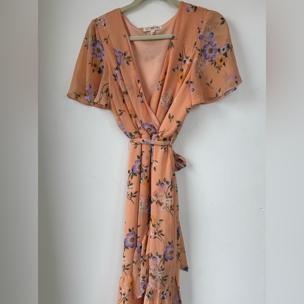 Rewind Peach Floral Wrap Dress